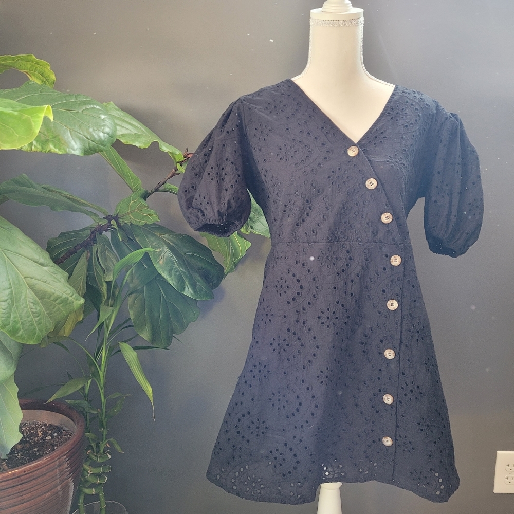 Blue Pepper Black Button Front Eyelet Puff Sleeve Dress